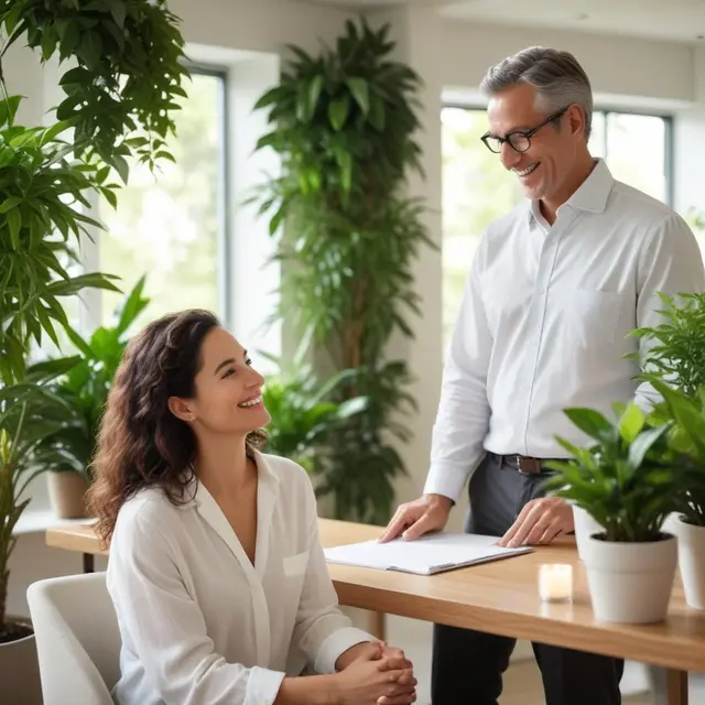 A smiling consultant talking with a client in a bright, modern wellness space with natural green plants and soft daylight, creating a calm and professional atmosphere focused on health and natural therapy.