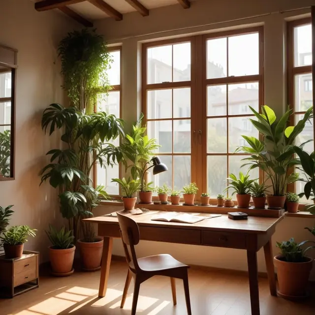 Photo of a serene workspace with natural elements like plants and wooden furniture, soft natural light filtering through a window in a cozy room, warm earthy tones creating a calming and professional atmosphere, photographed from a wide angle to show a welcoming environment.
