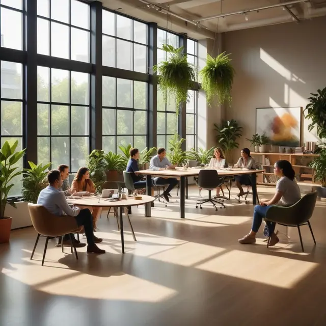 Photo of a modern office interior with natural light entering through large windows, plants adding greenery, and a team of diverse adults engaging in a collaborative meeting around a table, creating a professional and welcoming atmosphere with warm colors and clear daytime lighting.
