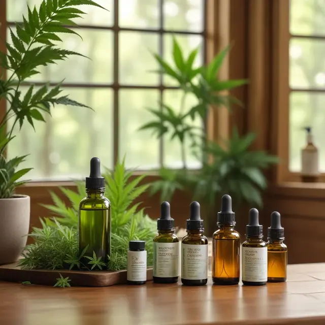 Assortment of CBD oil bottles, natural cosmetics, and dietary supplements displayed on a wooden surface in a softly lit wellness boutique, green plants in the background, warm and calming atmosphere, daylight filtering through large windows creating gentle shadows.