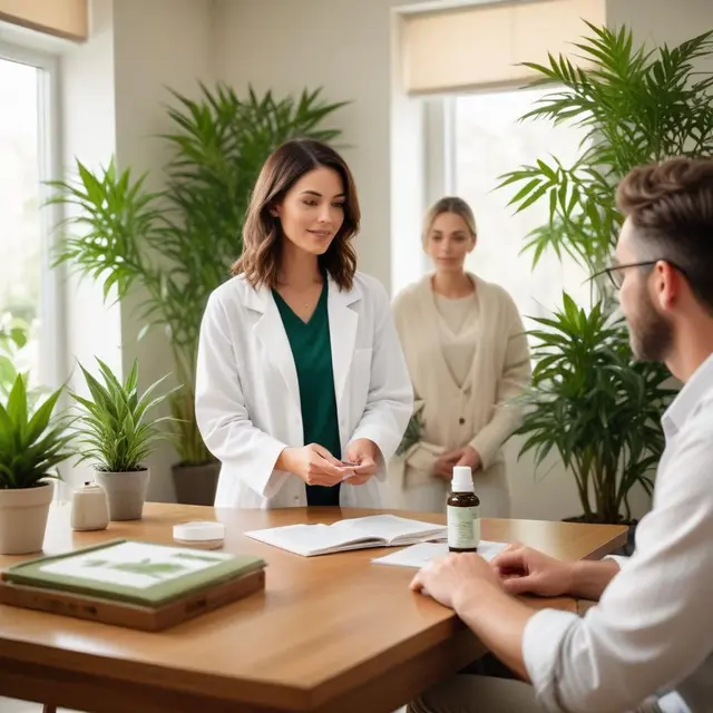 Photo of a calm wellness consultation in a bright, modern room with green plants, natural light illuminating a professional advisor explaining CBD products to an attentive adult client, warm and natural color tones creating a peaceful and trustworthy atmosphere