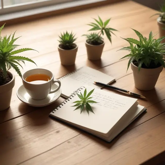 Close-up of an open notebook with handwritten questions about CBD products, placed on a wooden table next to a calming cup of herbal tea and a small potted plant, natural soft lighting highlighting a warm and inviting atmosphere, suggesting a thoughtful and informative setting indoors during daytime
