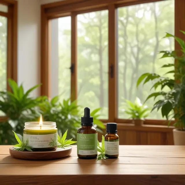 Photo of a serene wellness environment with natural CBD products displayed on a wooden table, softly lit by natural light coming through a window, creating a warm and calming atmosphere with green plants in the background, indoors during daytime.