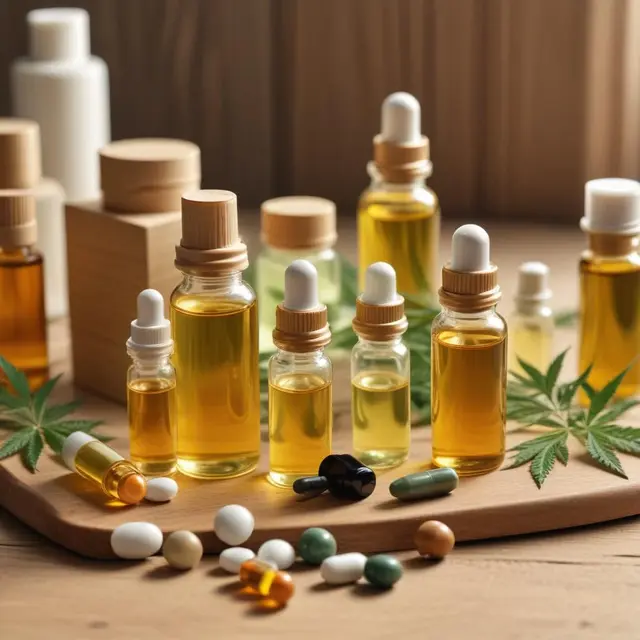 Close-up photo of various CBD products including oil bottles, capsules, and natural cosmetics arranged on a light wooden surface with soft natural lighting enhancing the textures and colors, evoking a calm and wellness-focused atmosphere.